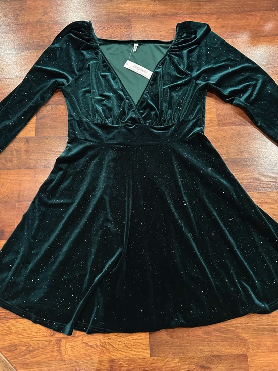 Dresses & Skirts - NWT Emerald Green Velvet Dress Womens XL Shimmery Long Sleeve Babydoll V-Neck